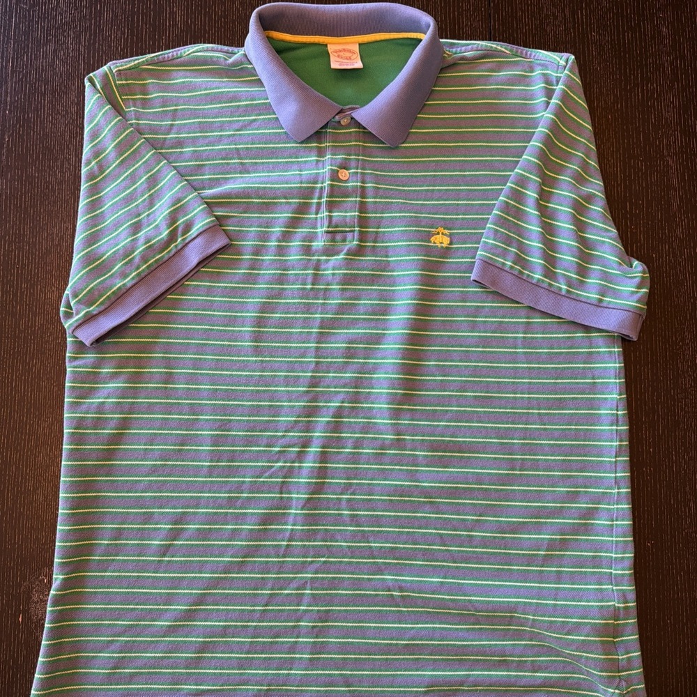 Brooks Brothers Mens L Performance Polo Shirt Blue Green Stripe Golden Fleece
